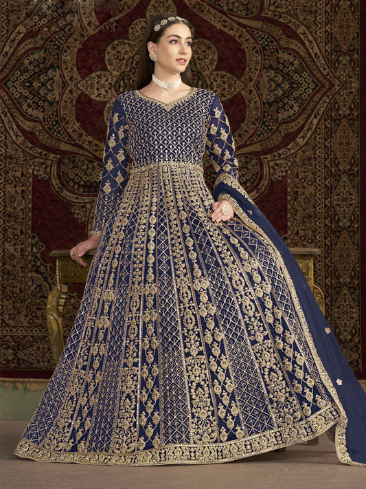 Royal Blue All Over Embroidered Net Wedding Anarkali Gown