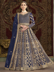 Royal Blue All Over Embroidered Net Wedding Anarkali Gown