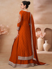 Chinon Readymade Lehenga Style Suit in Orange and Rust