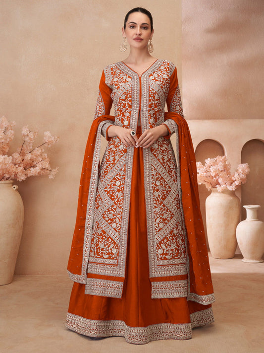 Chinon Readymade Lehenga Style Suit in Orange and Rust