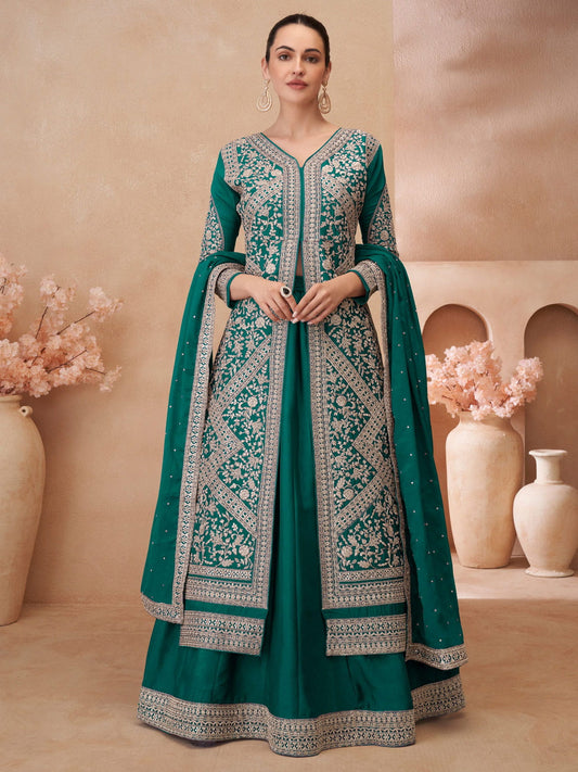 Silk Green and Teal Zari Readymade Lehenga Style Suit