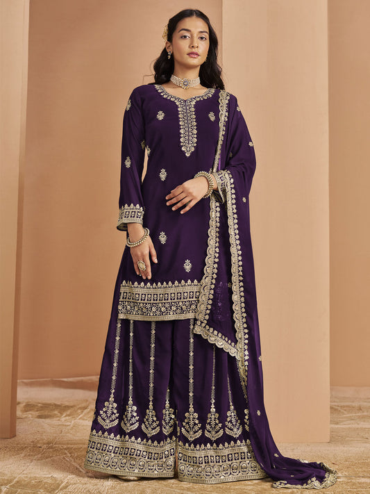 Purple Festive Style Embroidered Palazzo Suit