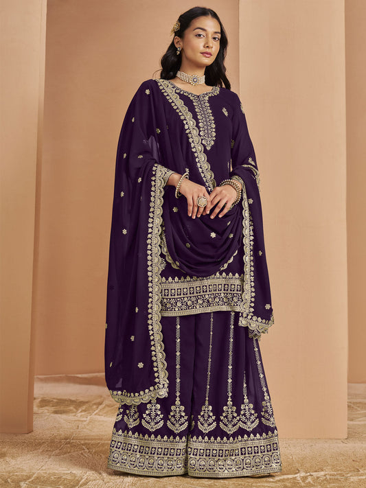 Purple Festive Style Embroidered Palazzo Suit