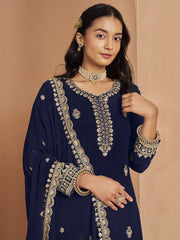 Blue Festive Style Embroidered Palazzo Suit