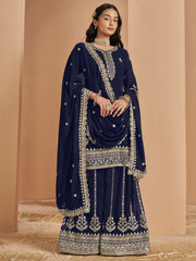 Blue Festive Style Embroidered Palazzo Suit