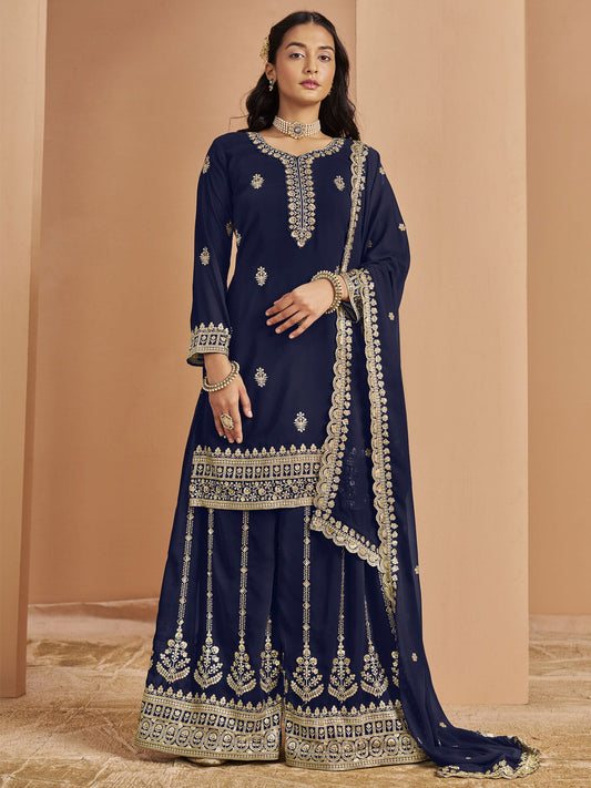 Blue Festive Style Embroidered Palazzo Suit