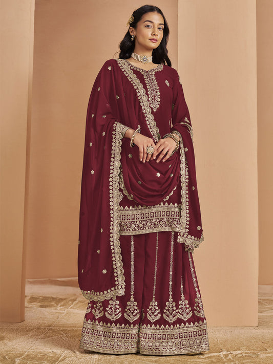 Maroon Festive Style Embroidered Palazzo Suit