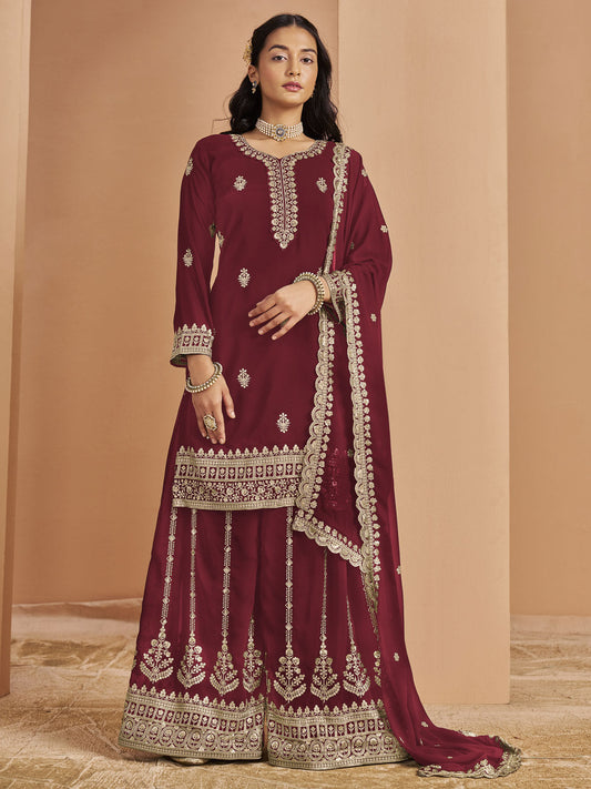 Maroon Festive Style Embroidered Palazzo Suit