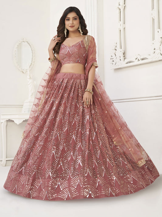 Mesmerizing Dusty Pink Thread Work Net Reception Wear Lehenga Choli