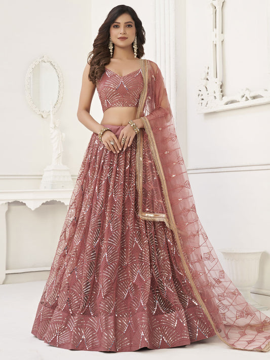 Mesmerizing Dusty Pink Thread Work Net Reception Wear Lehenga Choli