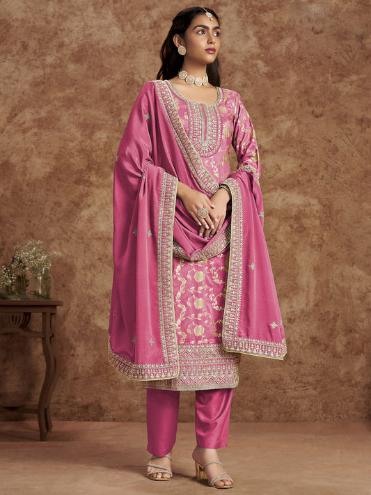 Baby Pink Dola Silk Jacquard Festive Salwar Kameez