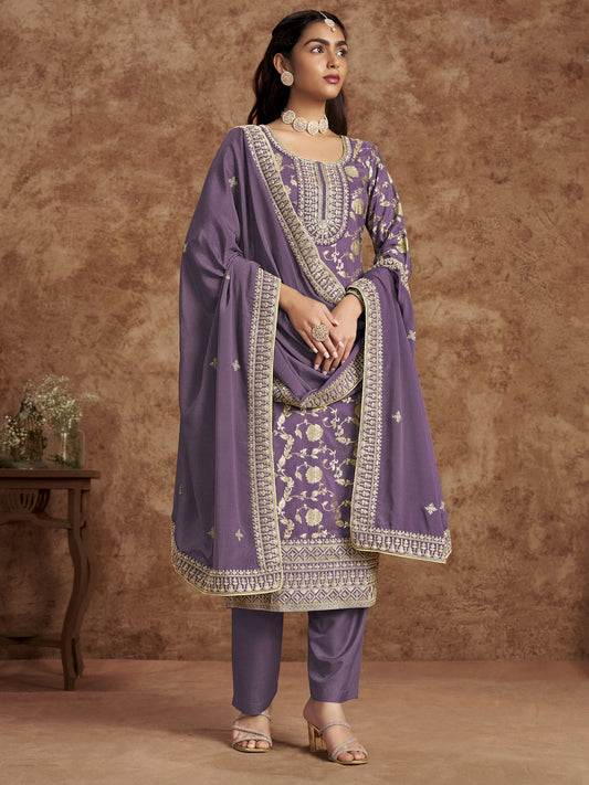 Purple Dola Silk Jacquard Festive Salwar Kameez