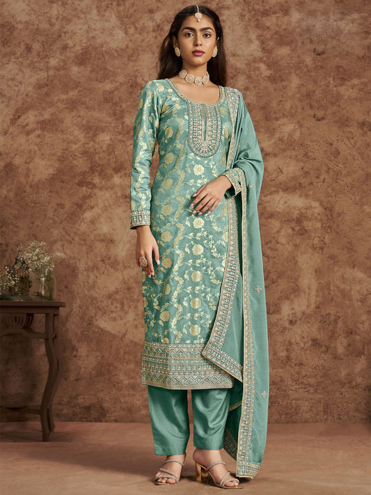 Mint Blue Dola Silk Jacquard Festive Salwar Kameez