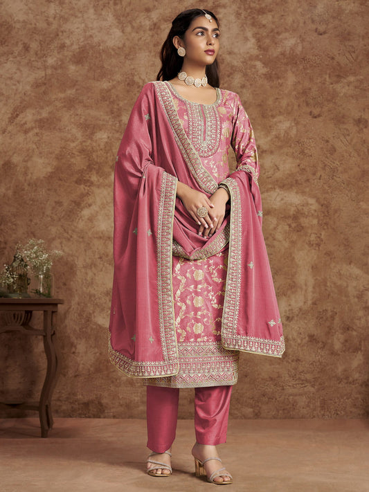 Pink Dola Silk Jacquard Festive Salwar Kameez