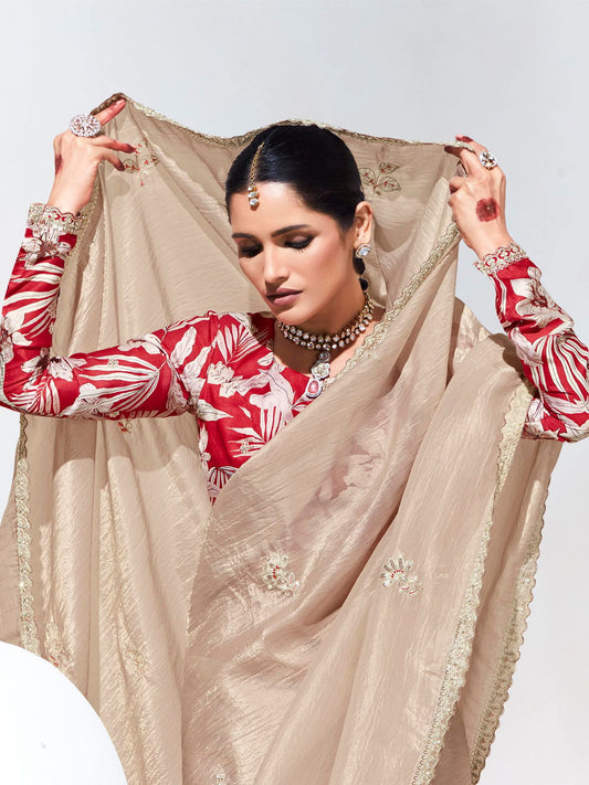 Beige Organza Tissue Silk Saree With Blouse