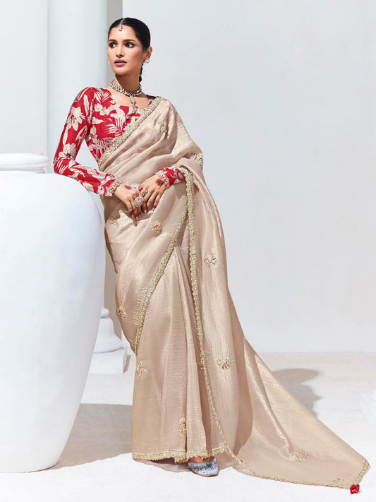 Beige Organza Tissue Silk Saree With Blouse