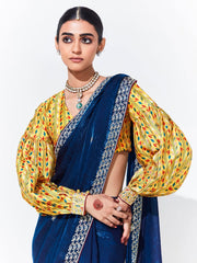 Blue and Yellow Organza Tissue Silk Saree With Blouse