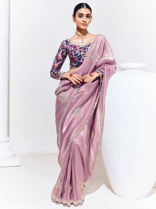 Lavender and Purple Organza Tissue Silk Saree With Blouse