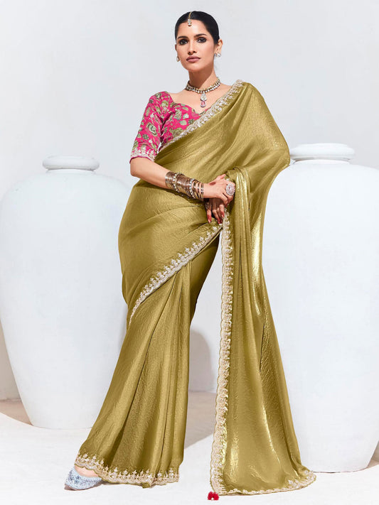 Gold Organza Tissue Silk Saree With Blouse