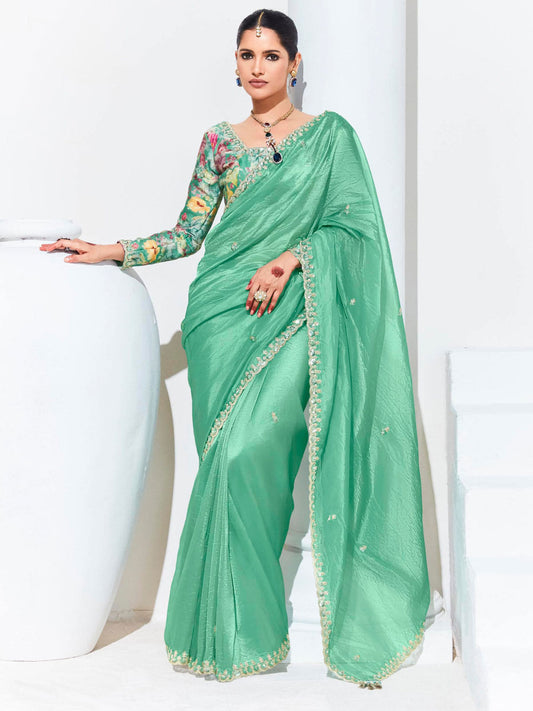 Sea Green Color Organza Fabric Saree With Border Work