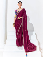 Wine Color Organza Tissue Silk Saree With Blouse