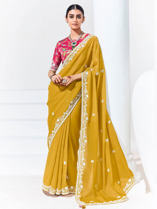 Yellow and Pink Color Organza Tissue Silk Saree With Blouse