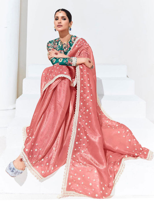 Peach And Teal Color Organza Tissue Silk Saree With Blouse