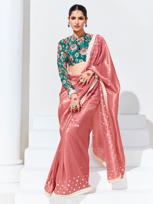 Peach And Teal Color Organza Tissue Silk Saree With Blouse