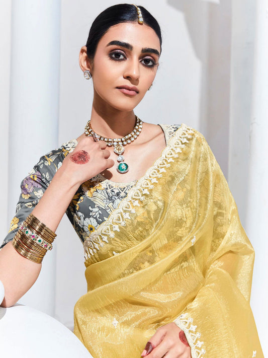 Light Yellow Organza Tissue Silk Saree With Blouse