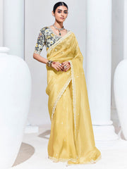 Light Yellow Organza Tissue Silk Saree With Blouse