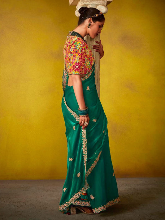 Adorable Green And Yellow Multi Embroidery Silk Saree