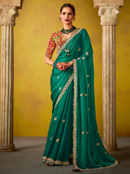 Adorable Green And Yellow Multi Embroidery Silk Saree