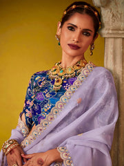 Stunning Lavender And Blue Multi Embroidery Silk Saree