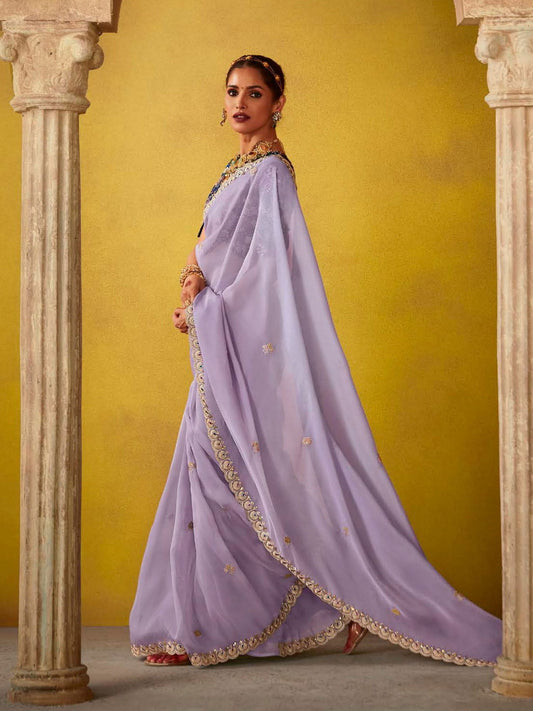 Stunning Lavender And Blue Multi Embroidery Silk Saree