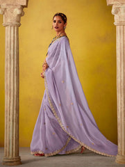 Stunning Lavender And Blue Multi Embroidery Silk Saree