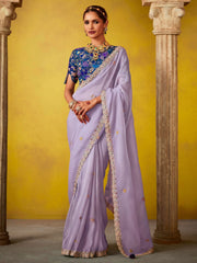 Stunning Lavender And Blue Multi Embroidery Silk Saree