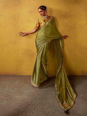 Classic Green And Mustard Multi Embroidery Silk Saree