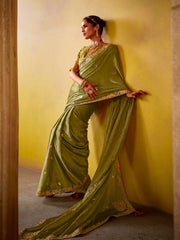 Classic Green And Mustard Multi Embroidery Silk Saree