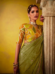 Classic Green And Mustard Multi Embroidery Silk Saree