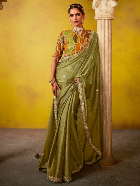 Classic Green And Mustard Multi Embroidery Silk Saree