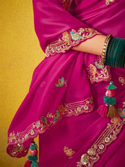 Outstanding Magenta And Teal Multi Embroidery Silk Saree