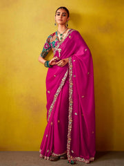 Outstanding Magenta And Teal Multi Embroidery Silk Saree