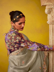 Stylish Grey And Purple Multi Embroidery Silk Saree