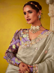 Stylish Grey And Purple Multi Embroidery Silk Saree