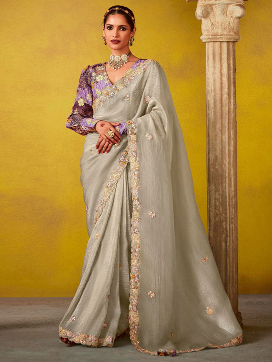 Stylish Grey And Purple Multi Embroidery Silk Saree