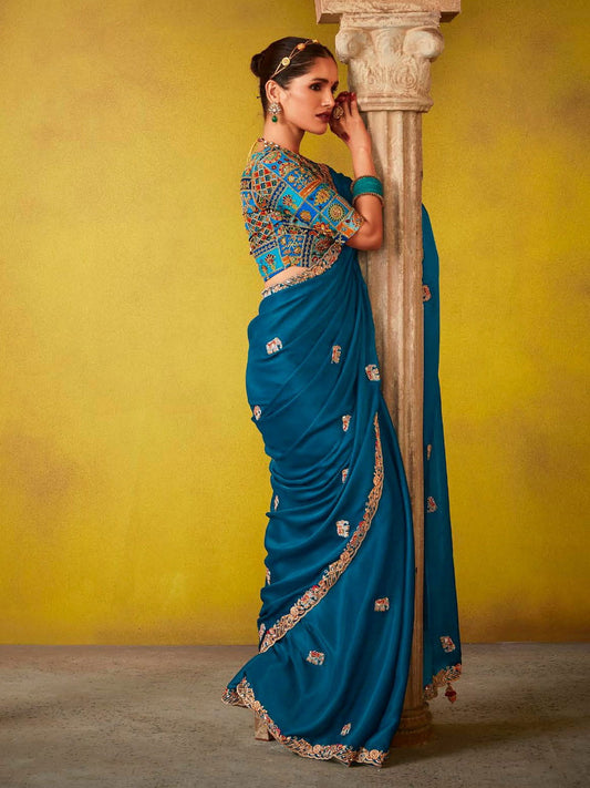 Lovely Royal Blue Multi Embroidery Silk Saree