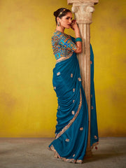 Lovely Royal Blue Multi Embroidery Silk Saree