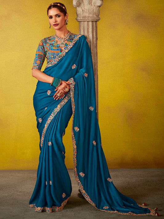 Lovely Royal Blue Multi Embroidery Silk Saree