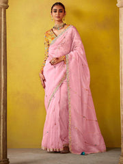 Stylish Pink And Yellow Multi Embroidery Silk Saree