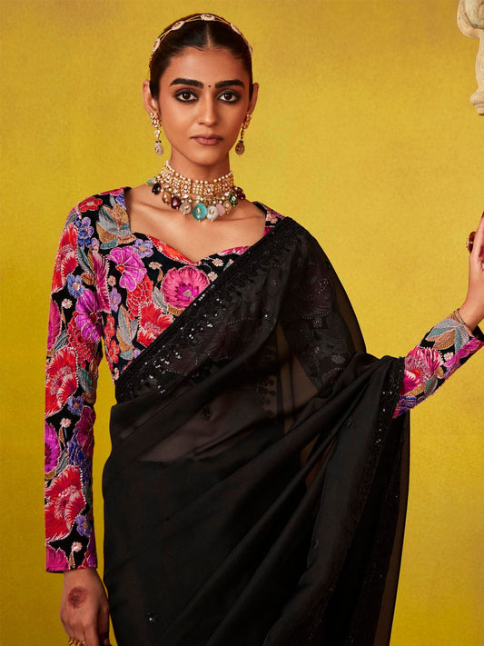 Adorable Black And Pink Multi Embroidery Silk Saree